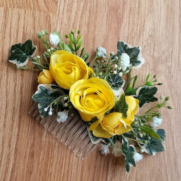 Yellow Silk Rose, Gypsophila, Ivy Hair Comb