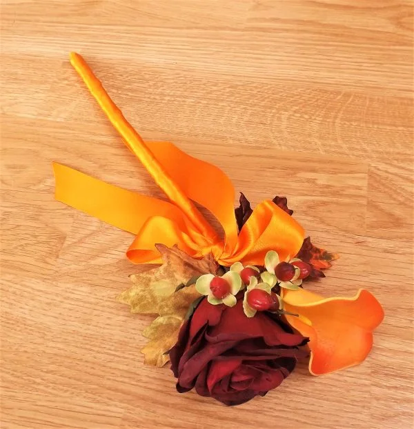 Autumn Burgundy Silk Rose & Orange Calla Flower Girl Wand