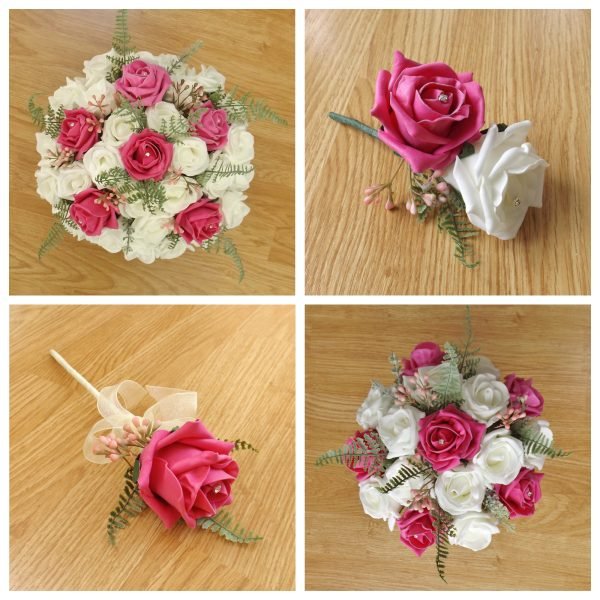 Bright Pink Rose & Fern Artificial Wedding Flowers