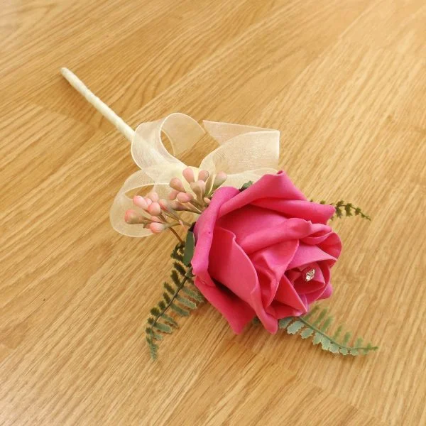 Bright Pink Rose & Fern Flower Girl Wand