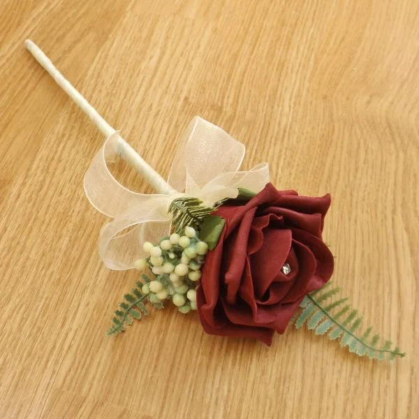 Burgundy Rose & Fern Flower Girl Wand