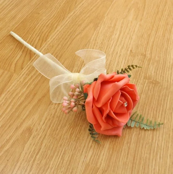 Coral Rose & Fern Flower Girl Wand