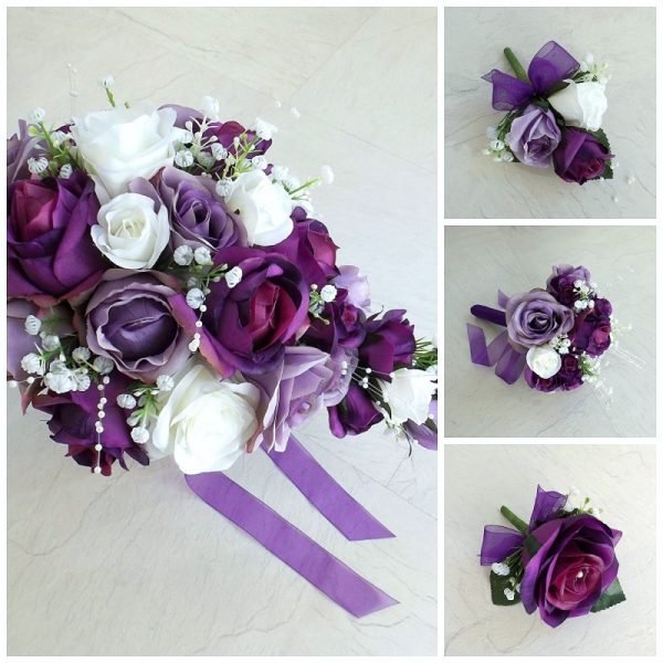 Artificial Wedding Flowers - Purple, Lilac & White Silk Rose