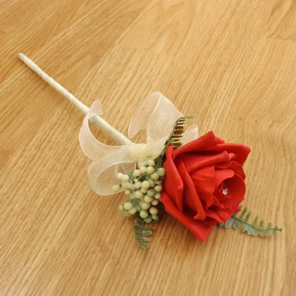 Red Rose & Fern Flower Girl Wand