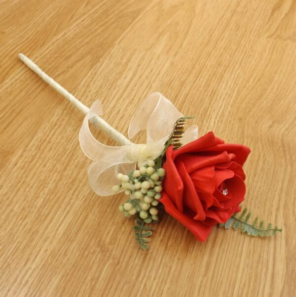 Red Rose & Fern Flower Girl Wand