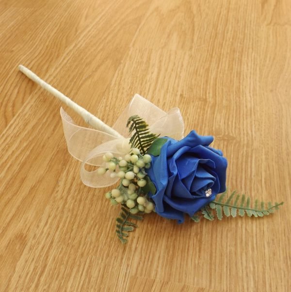 Royal Blue Rose & Fern Flower Girl Wand