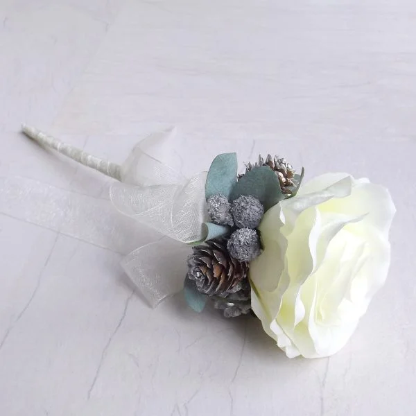 Winter Berry and Pinecone Ivory Rose Flowergirl Wand