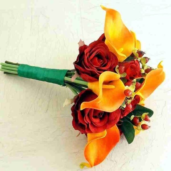 Orange Calla Lily & Red Silk Rose Bridesmaid Bouquet